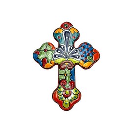 Talavera Cross Sculpture Folk Art Multicolor Mexican Pottery Home Decor Hand Painted Handmade Indoor Outdoor 12" (Multi 18)