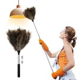 Extendable Ostrich Feather Duster - 45'' / 79'' Feather Dusters for Cleaning, Fluffy Natural Genuine Ostrich Feathers Cleaning Supplies for Pendant lamp, High Ceiling, Blinds, Furniture (45'')