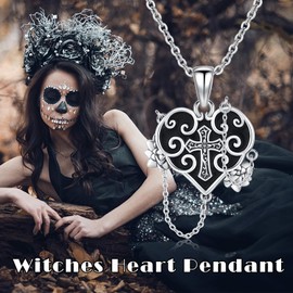 Witch Heart Necklace 925 Sterling Silver Gothic Necklace Cross Necklace Jewellery Gifts for Women, Sterling Silver