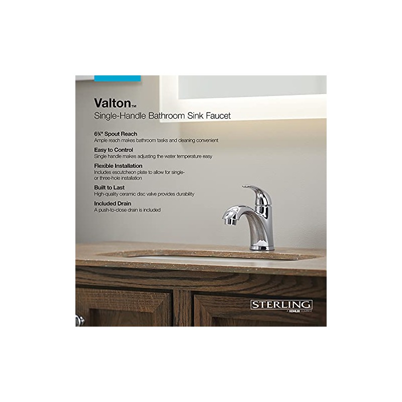 KOHLER Sterling 24819-4N-CP Valton Single-Handle Bathroom Sink Faucet, 0.5 GPM,