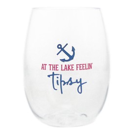 Pavilion - At The Lake Feelin' Tipsy - 14 Oz Stemless Wine Glass Tritan Cup Anchor Waterfront Vacation Souvenir Lake Lover Cottage Housewarming Gift Present