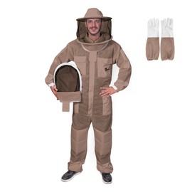 USKEEPERS 3-Layer Ultra Ventilated Bee Suit for Men & Women – Premium Beekeeping Suit with Bee Gloves & Two Detachable Beekeeping Veils (Brown 2XL)