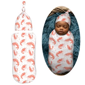 Muishi Watercolor Shrimps Newborn Swaddle Blankets Hat Sets Soft Baby Receiving Blanket Swaddle Sack for Baby Shower Infant Boy Girl Gift