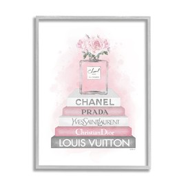 Stupell Industries Pink Roses Perfume Bottle Glam Fashion Bookstack, Designed by Amanda Greenwood Gray Framed Wall Art, 24 x 30