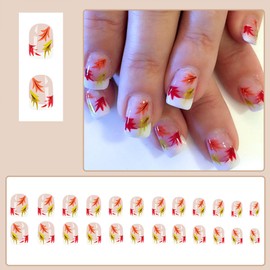Fall French Tip Press on Nails Short Square Fake Nails with Maple Leaf Designs Thanksgiving Glossy False Nails Nude Glue on Nails Winter Artificial Stick on Nails Kit for Women Girls Manicure 24Pcs