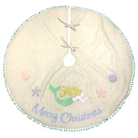 Coastal White Christmas Tree Skirt, Mermaid Beach Themed Burlap Xmas Decorations, Floor Protection Matt, Festive Holiday Decoration, 42 Inches