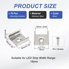 PATIKIL LED Strip Clips, Pack of 70 Stainless Steel Mounting Brackets Mounting Clip Bracket with Screws for 18 mm LED Strip Lighting