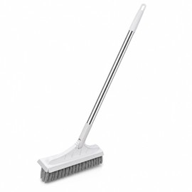 3-in-1 Cleaning Brush for Bathroom Floors and Tiles - Long Handle Rotating Scrubber with Grout Brush and Rubber Scraper