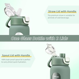 chunmo 24 oz Glass Water Bottle with 2 Lids-Handle Spout Lid & Straw Lid, Motivational Water Bottle with Time Marker and Silicone Sleeve,Leakproof-Olive-1 Pack