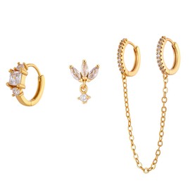 18K Gold Earrings Set for Women | Chain Double Piercing Huggie Hoop & Studs | Crystal Studs and Diamond Ear Cuff,4-Piece Jewelry Set for Multiple Piercing Stack