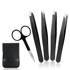 RISVOWO Stainless Steel Eyebrow Tweezers and 1 Scissors Set, Pointed Tweezers, Straight Slanted Tip Plucking Tweezers for Removing Blackheads, Ingrown Hair
