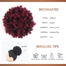 ZIRANJUAN Ombre Burgundy Afro Puff Hair Extensions Loose Wave Kinky Curly Drawstring Ponytail Short Mini Afro Puff Hairpiecesfor Black Women (1B Bug)