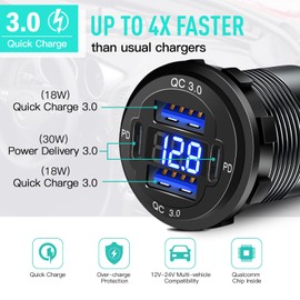 Adaptador de cargador de coche USB C de 12 V, 4 puertos, 78 W, con voltímetro, puertos USB duales PD3.0 y QC3.0, cargador USB de aluminio, repuesto para barco, camión marino, carrito de golf, RV,