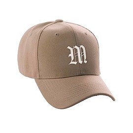 Daxton Structured Baseball Hat Cap Curved Visor Old English Font Alphabet A to Z, Khaki Hat White M