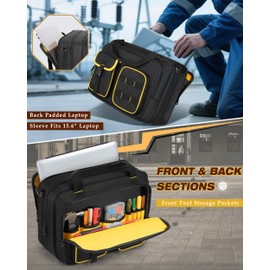 Marscamd Electrician Tool Bag with Laptop Sleeve, Tool Tote with Multiple Pockets for Technicians, Black