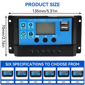 PWM Controller, 10A 20A 30A 40A 50A 60A Auto Solar Charge Controller 12V 24V Adjustable Motor Speed Controller Switch with LCD Display for Solar System