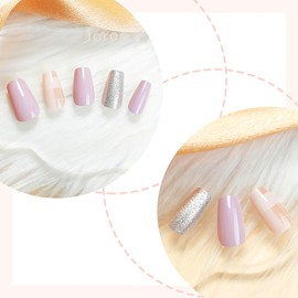 RUOKEXIN Medium Coffin Press on Nails Pink Fake Nails Silver Glitter False Nails with Designs Coffin Nail Press ons Full Cover Glue on Nails Glossy Artificial Nails Cute Stick on Nails for Women 24Pcs