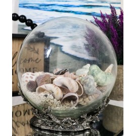 Nautical Marine Sea Shells Glass Globe Ball On Silver Coral Reef Metal Sculpture