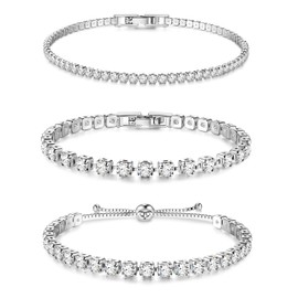 Dochais Pack of 3 Tennis Bracelet Women's Silver Gold Diamond Bracelet Women's Bracelet Cubic Zirconia Glitter Bracelet Women's Bracelet Women's Rhinestone for Women Girls Wife Mother Jewellery Gift,