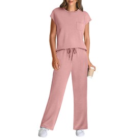 WIHOLL Summer Outfits for Women Cap Sleeve Loungewear Cruise Outfits Resort Wear Two Piece Going Out Sets 2025 High Waist Beach Vacation Clothes Comfy Cozy Jogger Set Spring Break Pink M