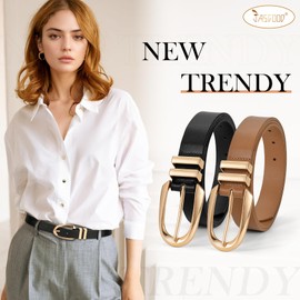 JASGOOD Women Leather Belt Fashion Waist Belt for Pants Jean Ladies Faux Leather Dress belt with Gold Buckle 2 Pack,Black+Brown