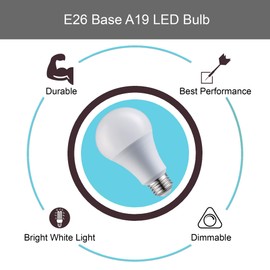 Laborate Lighting A19 LED Light Bulbs - E26 Base, 60W, 800 Lumens, Bright White 5000K Illumination - Dimmable, Energy Saving Outdoor & Indoor Home, Commercial Lighting - 80+ CRI, 10-Year Life - 4-Pack