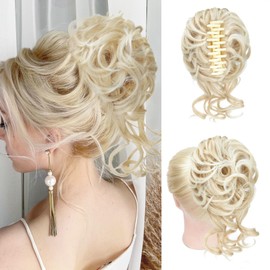Foaoit Messy Bun Hair Piece Claw Clip Bun Hair Accessories for Women Messy Wavy Curly Hair Bun Extensions Short Tousled Updo Synthetic Hair Bun Ponytail Extension (Pale Ash Blonde)