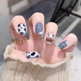 BABALAL Square Press on Nails Short Glue on Nails Glossy Acrylic Nails Squoval Fake Nails Cow Print Nails for Women and Girls