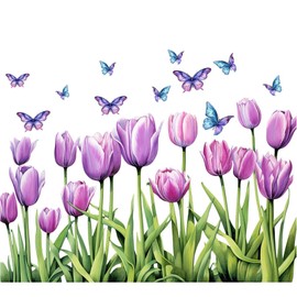 Tulip Butterfly Wall Sticker, Purple Waterproof and Oil-Proof Sticker, Removable Wall Sticker, Flower Wall Decal Waterproof for Home Bedroom Nursery Kitchen Bathroom Decoration