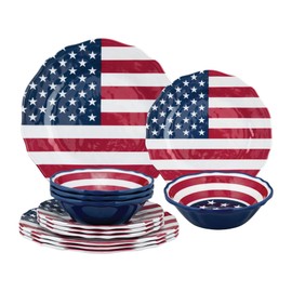 Supreme Housewares 12-Piece Melamine Dinnerware Set, Includes Dinner Plates, Salad Plates, Bowls, Service for 4. (American Flag)