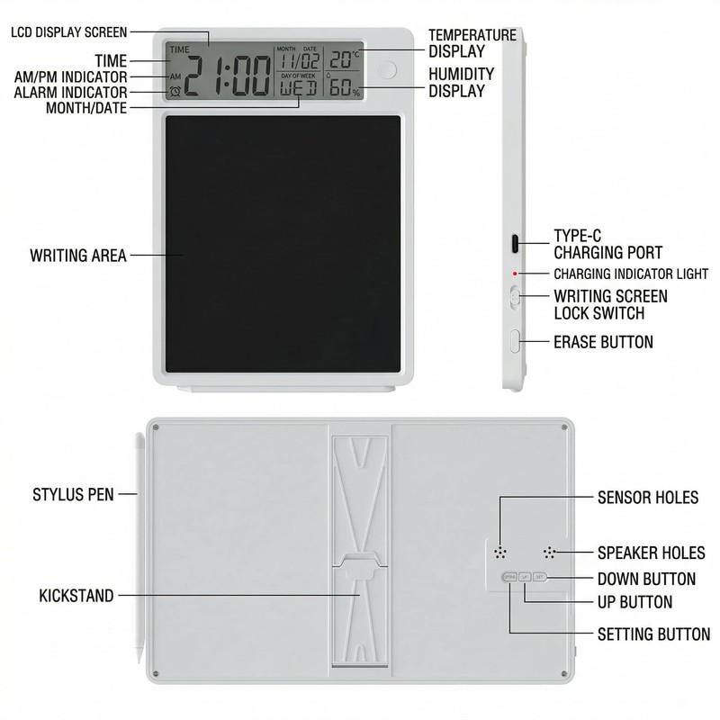 10-Inch Rechargeable LCD Calendar Notepad with Digital Clock Temperature and