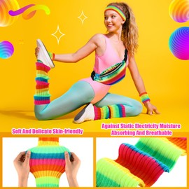 Cutecrop Leg Warmers for Women 80s Neon Headband Wristbands Rainbow Leg Warmers Holographic Fanny Pack Set 80s Workout Clothes 90s Outfit for Women Sport Yoga Hiking Disco Party Supplies