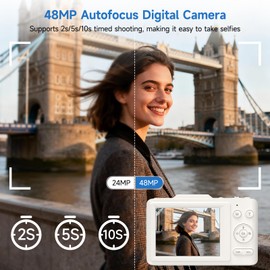 Digital Camera, 1080P FHD 4K 48MP Autofocus Compact Digital Camera with 2.8" LCD Screen, 16X Digital Zoom Digital Cameras with 32GB Card, Vlogging Camera for Kids Beginners Teens Students, White