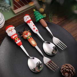 Christmas Coffee Spoons Coffee Stirrer Premium Soup spoon, dessert spoon, steak Fork, Pasta fork Limited round spoon Fork 4-piece set, stainless steel and pvc handle, (Silver)
