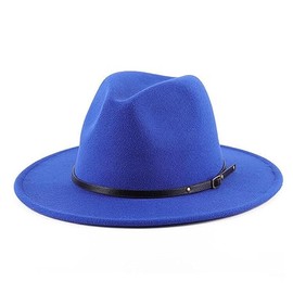 Women Classic Wool Fedora Hat with Belt Buckle Felt Wide Brim Panama Hat (Blue)