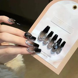 ZMRZ Press On Nails, Long-Length Glossy Transparent to Black Ombre and Rhinestones, Showing the Noble Temperament of Women and Girls False Nails - 30 Pieces (With Free Kit)