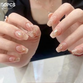 Medium Length Press On Nails - Shell Manicure with Marble Design, Glossy Gold Glitter False Nails Gel Glue on Nails, Fit Perfectly & Natural Reusable Stick on Nails False Gradient Nails for Women