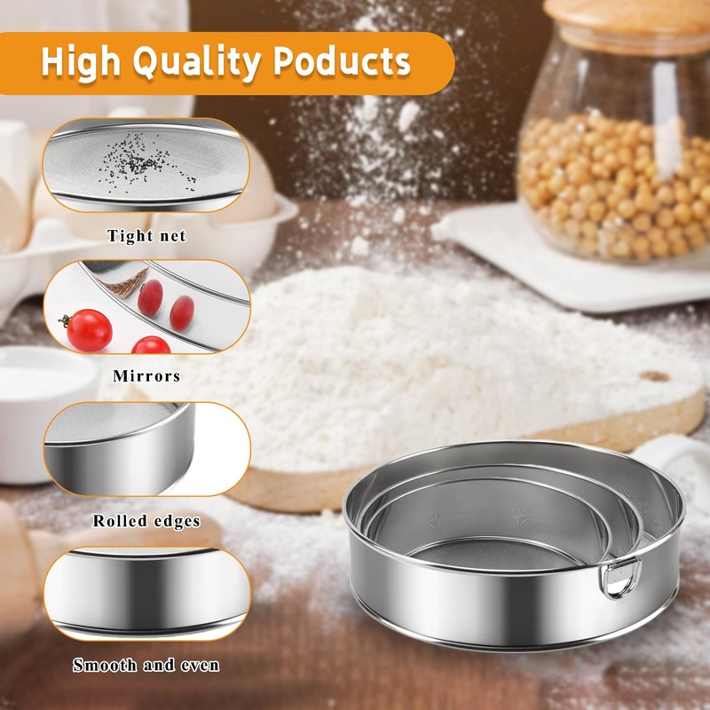 3PCS Stainless Steel Flour Sieve, 10/15/20 cm 40/60 mesh Fine