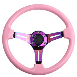 Classic Pink Racing Steering Wheel Neo Chrome Spoke 350mm 13.5" Deep Dish ABS Hard Wood Steering Wheel with Horn Button