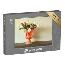 puzzleYOU: Puzzle 200 Pieces "Bouquet of Tulips in a Red Vintage Ceramic Vase" - From the Puzzle Collection Flower Vases, Flowers & Plants