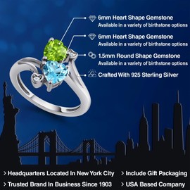 Gem Stone King 925 Sterling Silver Green Peridot Swiss Blue Topaz Ring For Women (1.81 Cttw, Heart Shape 6MM, Gemstone August Birthstone, Available In Size 5, 6, 7, 8, 9)