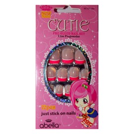Abella (1) Set Cutie Pre-Glued Nail Set Just Stick On - 12 Nails Per Set - Natural with Hot Pink & White Double French Tip #NT-CT-101