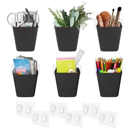 LIGHT DUST Wall Caddy Pen Holders, 6 Pack Black Large Pencil Cups Organizer for Marker/Remote/Crayon/White Board Accessories, with Adhesive Stickers, Office Home Craft Class Kids Room Art Organization