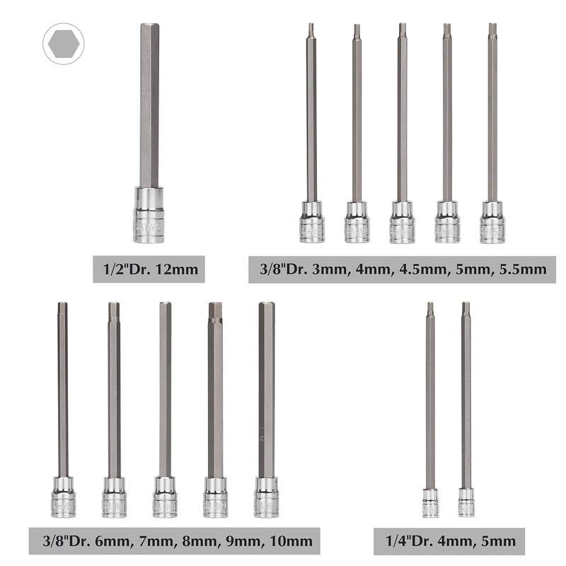 EMENTOL 13PCS 1/4", 3/8" and 1/2" Drive Long Hex Bit