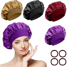 Gorro Saten Pelo Rizado,Gorro para dormir seda-con Banda Ancha Elástica, Ajustable Gorro Pelo Rizado Dormir para Mujeres y Niñas con 4 Piezas Gomas de Pelo（4）
