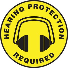 AccuformNMC Floor Sign "Hearing Protection Required" with Symbol, 8" Diameter Non-Slip Adhesive Vinyl PPE Sign, Black on Yellow, Made in the USA, MFS1008