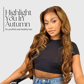 ALHER 4/27 Honey Blonde Highlight 3 Bundles With 13x4 Frontal (16 18 20 + 16), 10A Balayage Ombre Honey Brown 100% Virgin Remy Hair Bundles Body Wave,With Ear to Ear HD Lace Frontal Closure Free Part