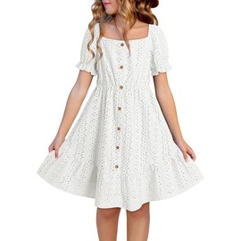 DOKOTOO KIDS Girls Dresses Square Neck Puff Sleeve Ruffle Tiered A-line Dress Summer Casual Boho Beach Dress White 6-7 Years