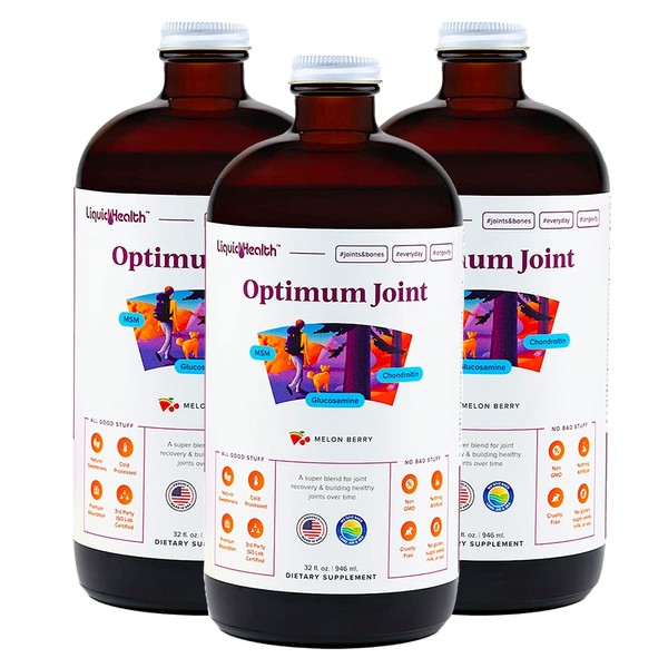 LIQUIDHEALTH Optimum Joint Support Supplement with Glucosamine Chondroitin MSM Hyaluronic Acid - Triple Strength Liquid Vitamins, Gluten-Free, Sugar-Free, Dairy-Free, Soy-Free Joint Juice (3pack)