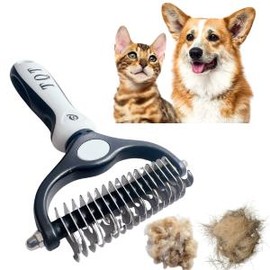 TQT Pet Grooming Brush - Double Sided Shedding and Dematting Undercoat Rake Comb for Dogs and Cats, No More Nasty Shedding or Flying Hair:_White